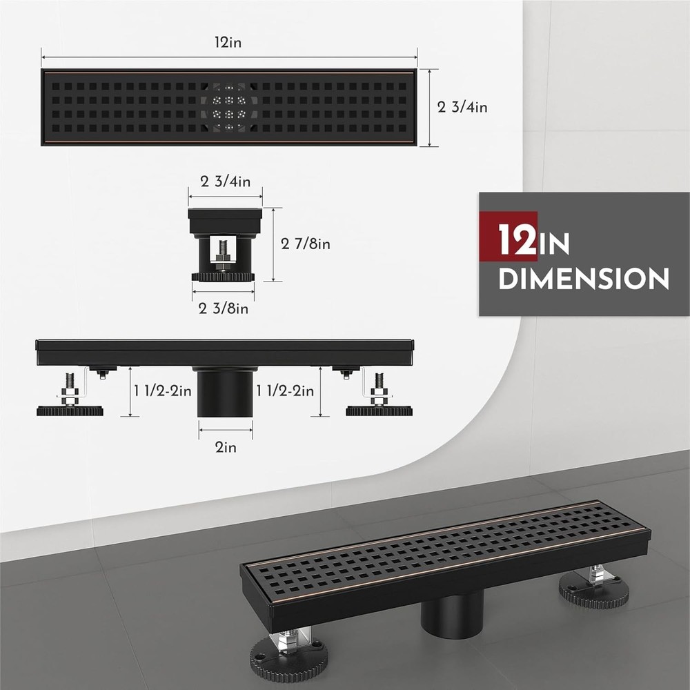 12 Inch Linear Shower Drain Rectangular Floor Drain with Accessories Square Hole