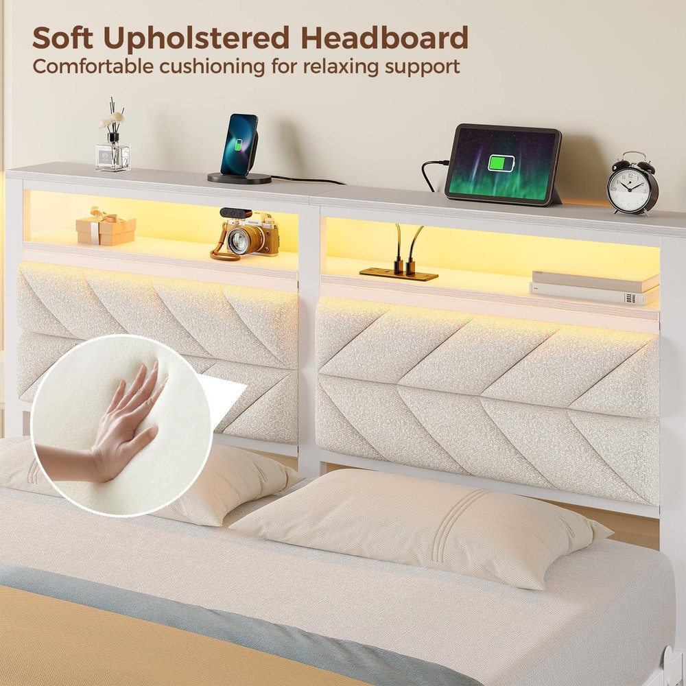 Twin Bed Frame LED Charging Station Upholstered Storage White Seventable Size