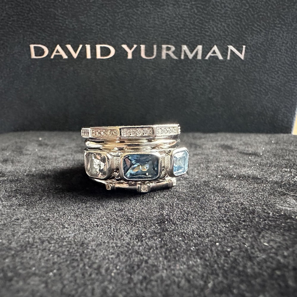 DAVID YURMAN 925 Sterling Silver Blue Topaz Cable Stack Ring size 8