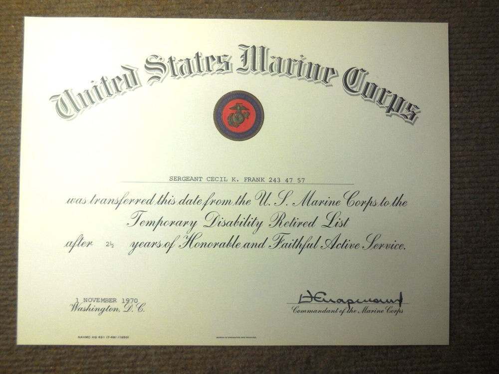 1970 Vietnam War USMC Temporary Disability Retired List Document