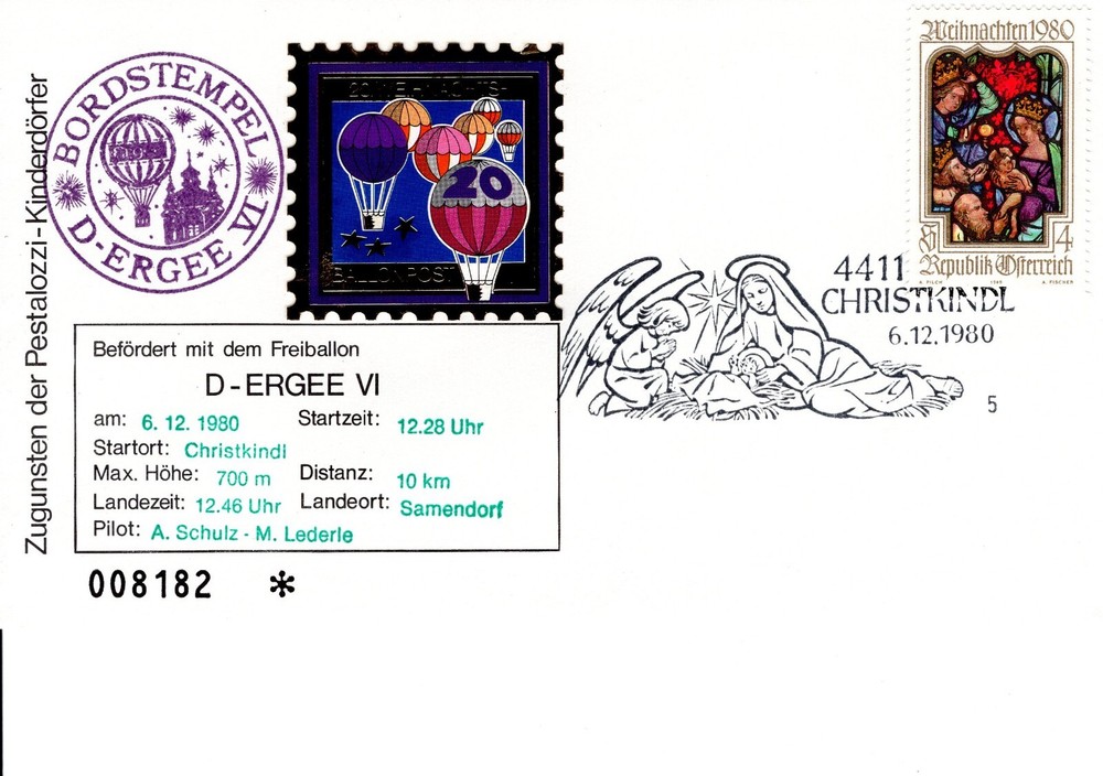 AUSTRIA  1980 CHRISTMAS BALLOON POST   FDC5578