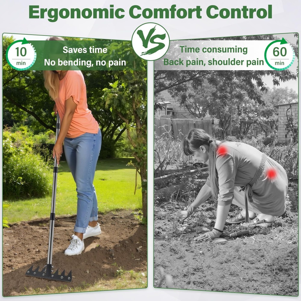 Weeding Rake Tool, Garden Weed Puller with Detachable Long Handle, 62 Inch He...