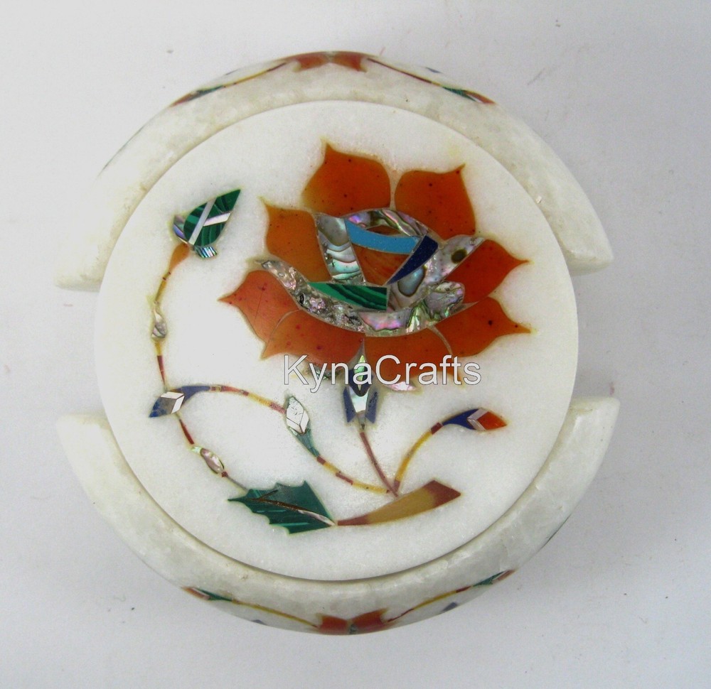 4.5 Inches White Marble Tea Coaster Set Gemstone Inlay Work Kitchen Accessories