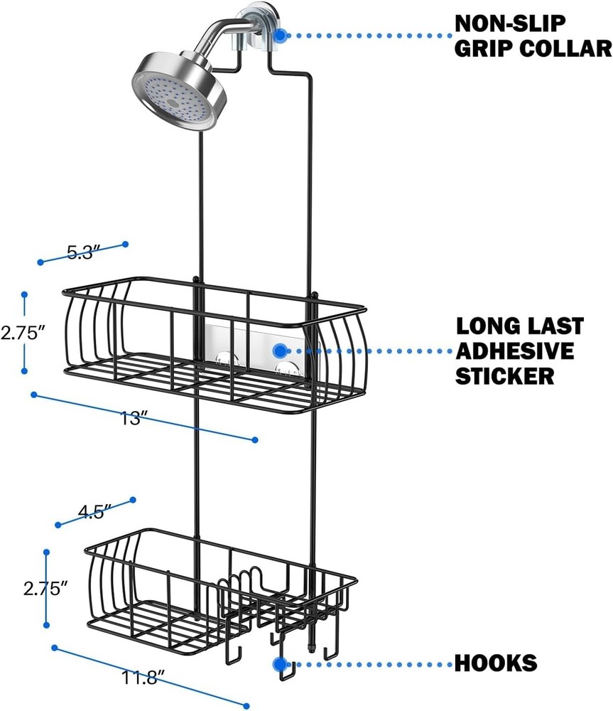 Matte Black Overhead Shower Caddy - Rustproof, Easy Install, 40LB Capacity