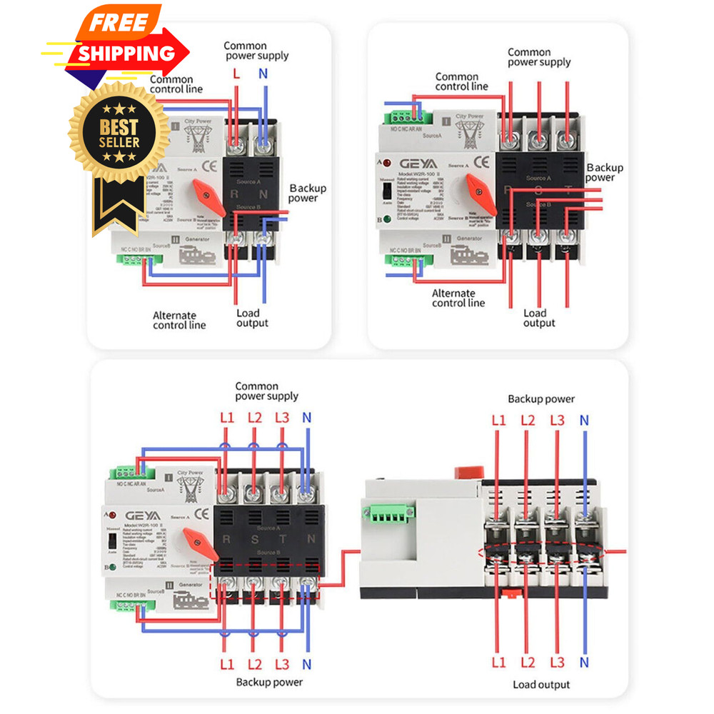 GAEYAELE Mini ATS Automatic Transfer Switch Dual Power 2P-100A-220V, Black