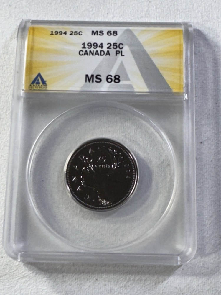 1994 Canada 25 Cents Graded MS 68 by ANACS Proof Like