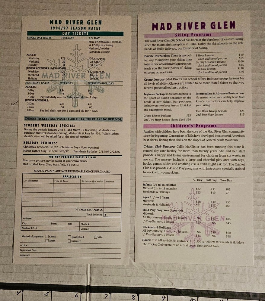 1996/97 MAD RIVER GLEN SKI AREA BROCHURE W/ TRAIL MAP INSIDE & 2 INSERTS. MINT