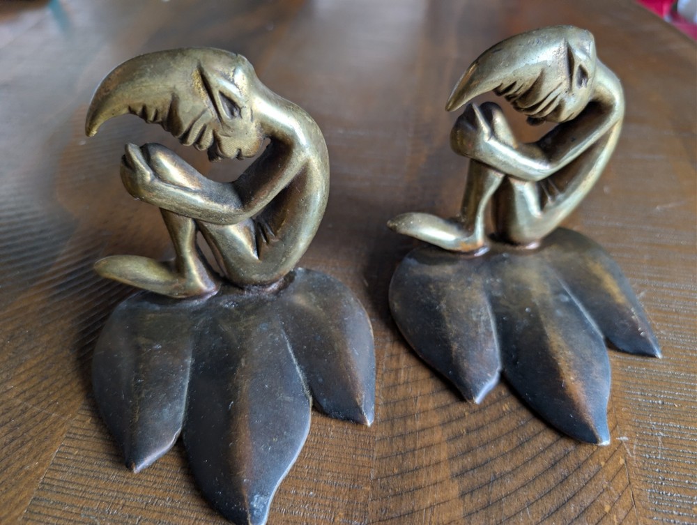 Vintage Art Deco Pure Bronze Pixie Elf Bookends 1900's