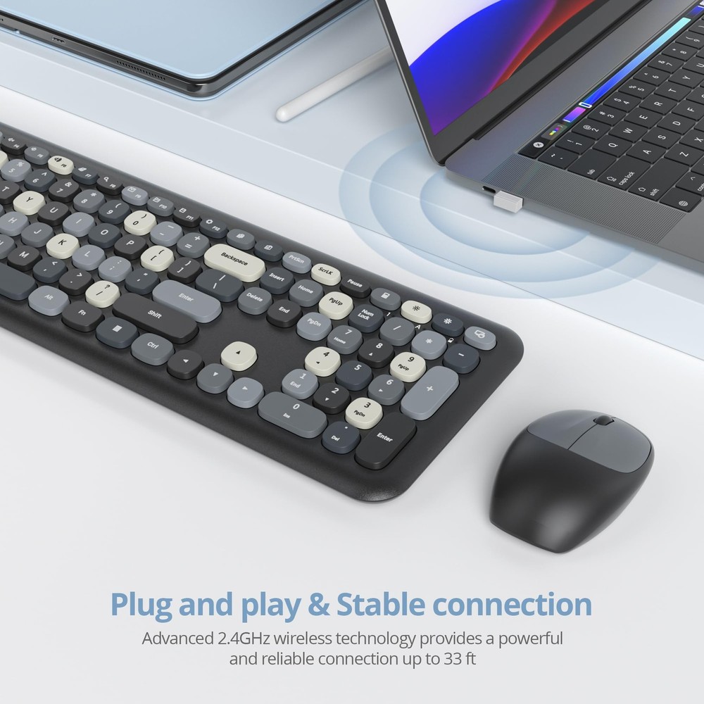 iRoboosta Black White Wireless Keyboard and Mouse Combo, 2.4GHz Retro Typewri...