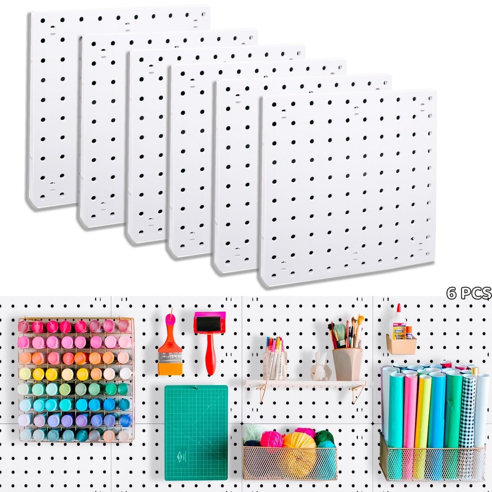 LANSI 6Pcs Peg Board, Pegboard Wall Organizer Panels, White Pegboard Wall Mou...