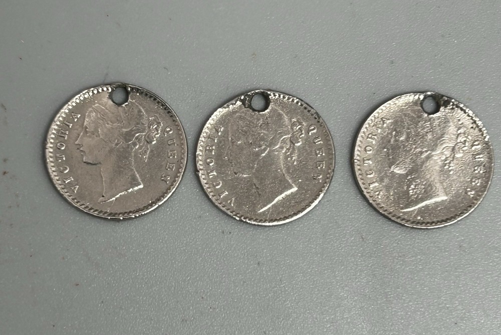 Three 1841 Silver 2 Annas Coins - Drilled