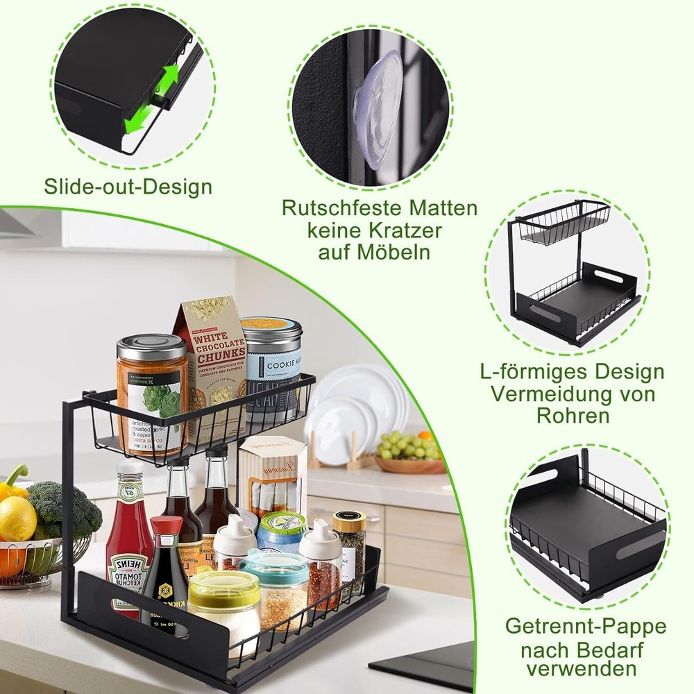 Sliding Under Sink Organizers and Storage for Kitchen Bathroom L-Shaped 2-Tier