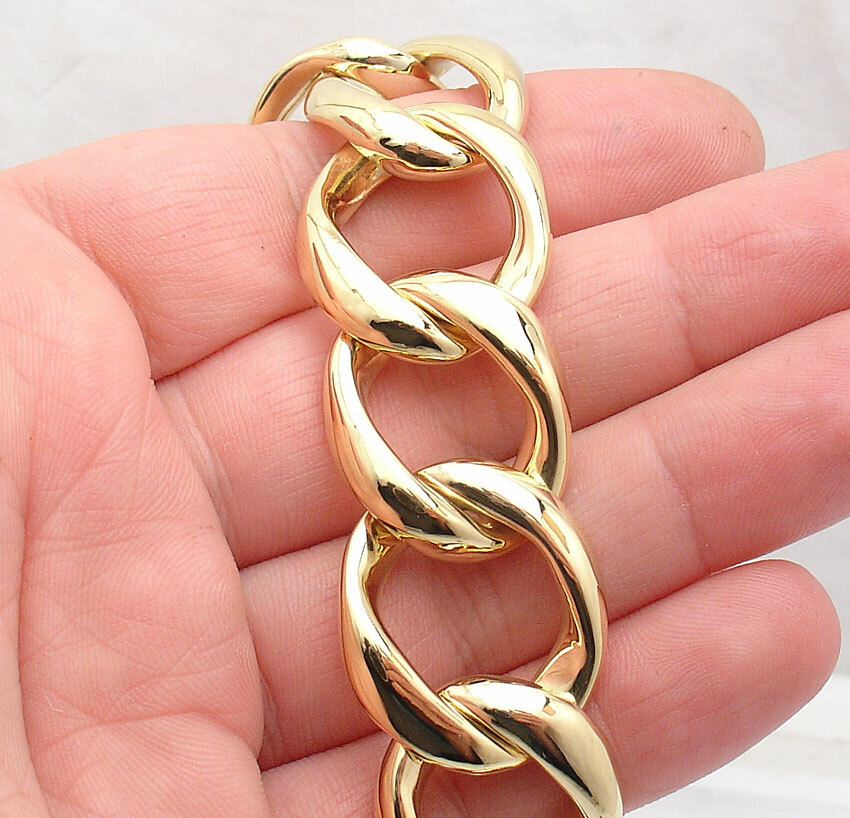 8" Bellezza Bold Open Curb Wavy Link Bracelet Toggle Clasp Solid Yellow Bronze