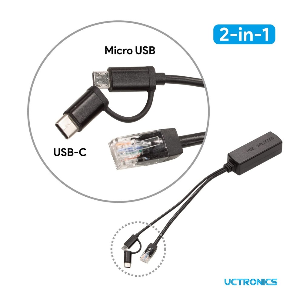 UCTRONICS Gigabit PoE Splitter 5V 3A with a Micro USB to USB-C adapter, Black
