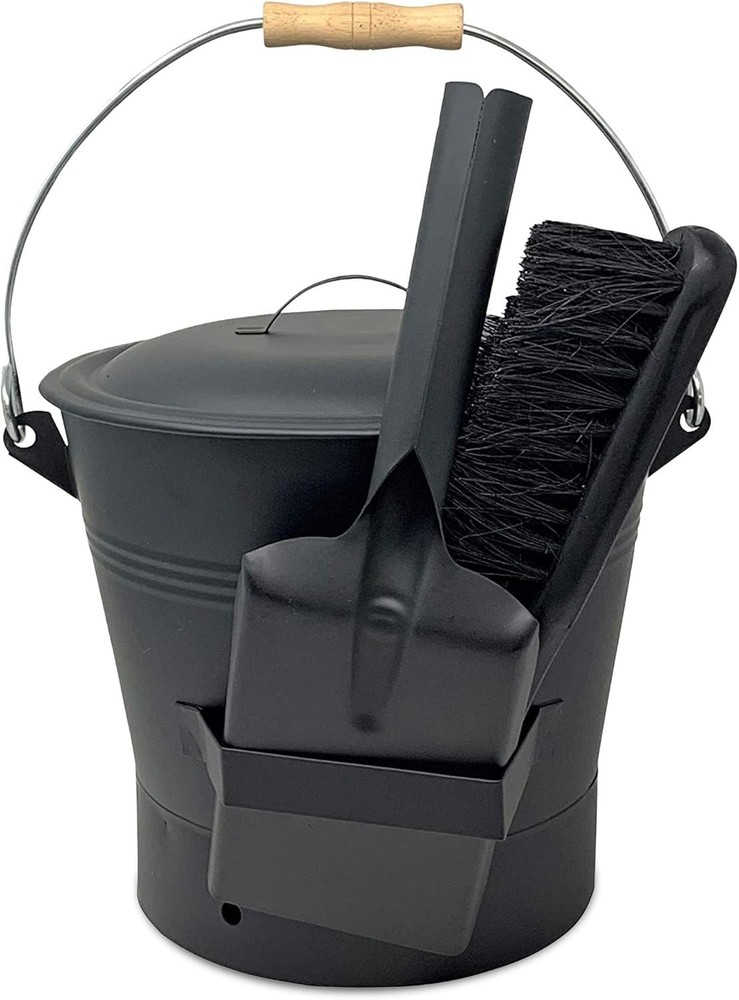 Black Ash Bucket with Lid, Complete Fireplace Tools Set, Includes Pail, Shove...
