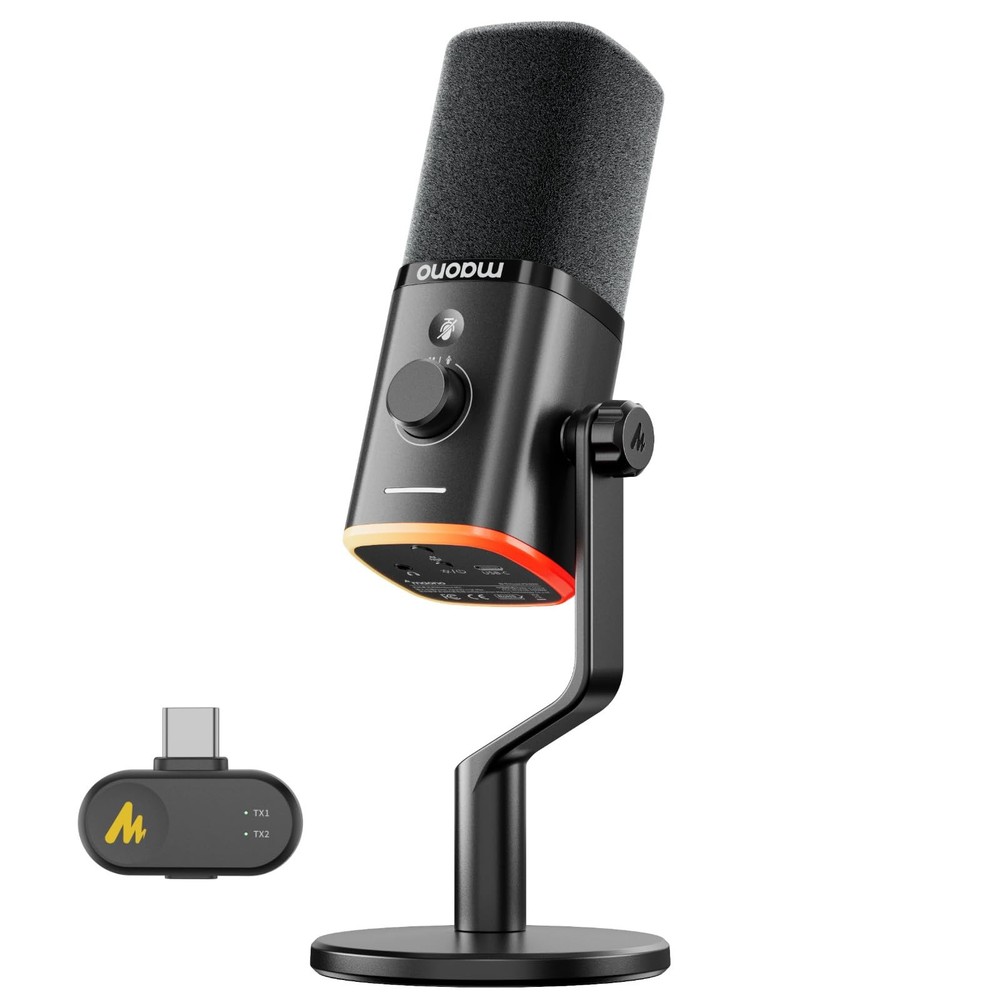 MAONO PD100W Wireless/USB Microphone, PC Gaming USB-C Receiver, Black