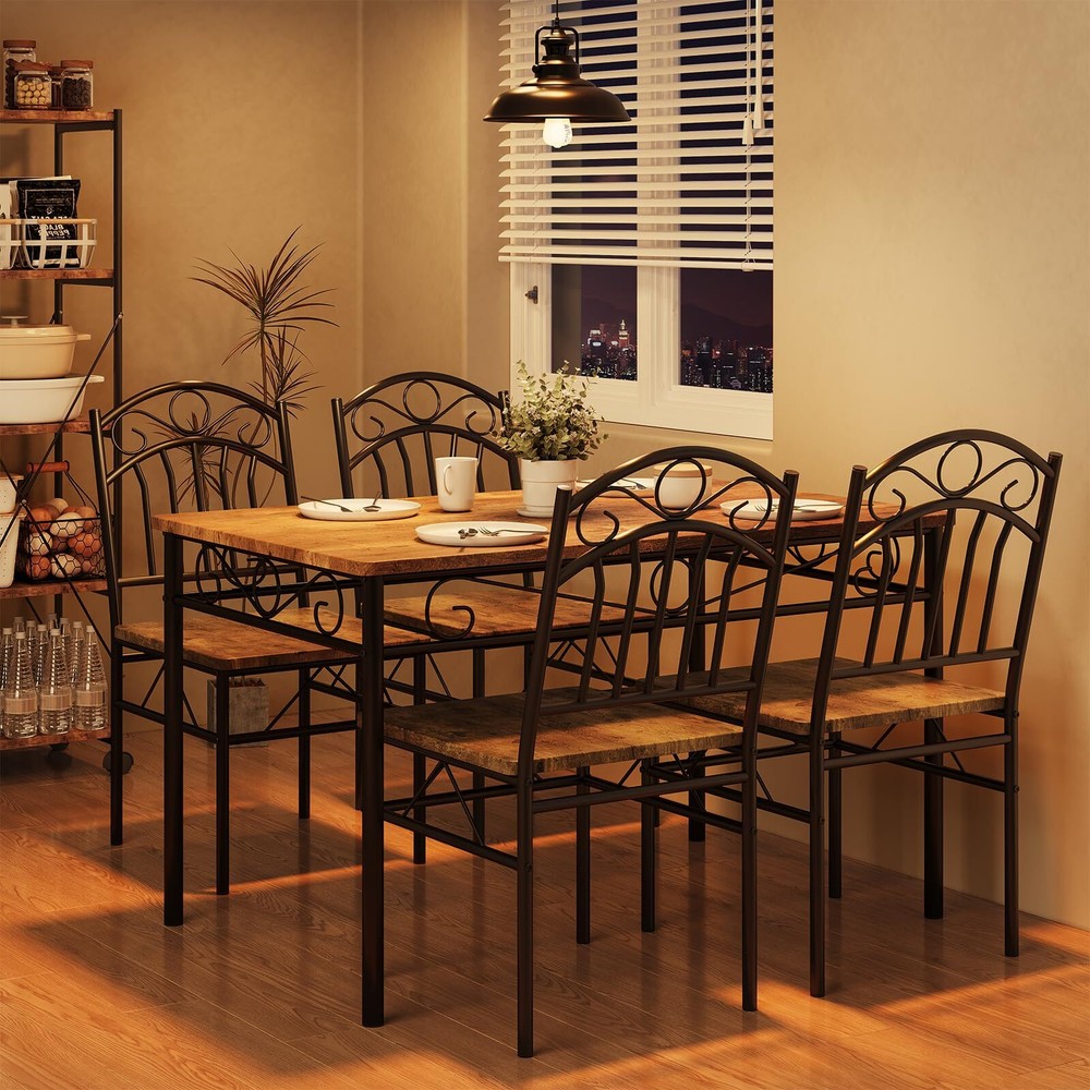 5-Piece Kitchen Dining Table Set for 4, Rectangular Dinette with Wooden Chairs