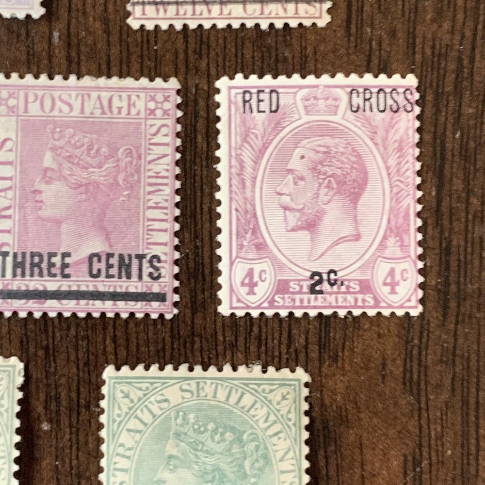 STRAITS SETTLEMENT STAMP LOT TOP 2 STAMPS HAVE BROKEN "O" ERRORS, MINT RED CROSS