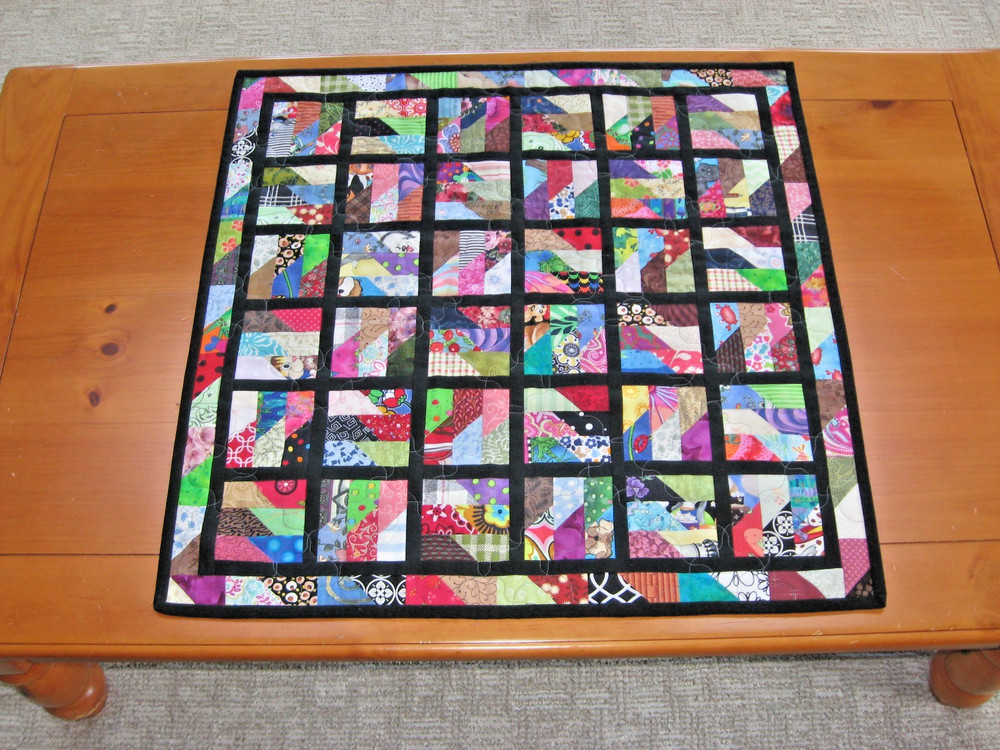 Quilted Table Topper, Scrappy Rectangles, Black Sashing