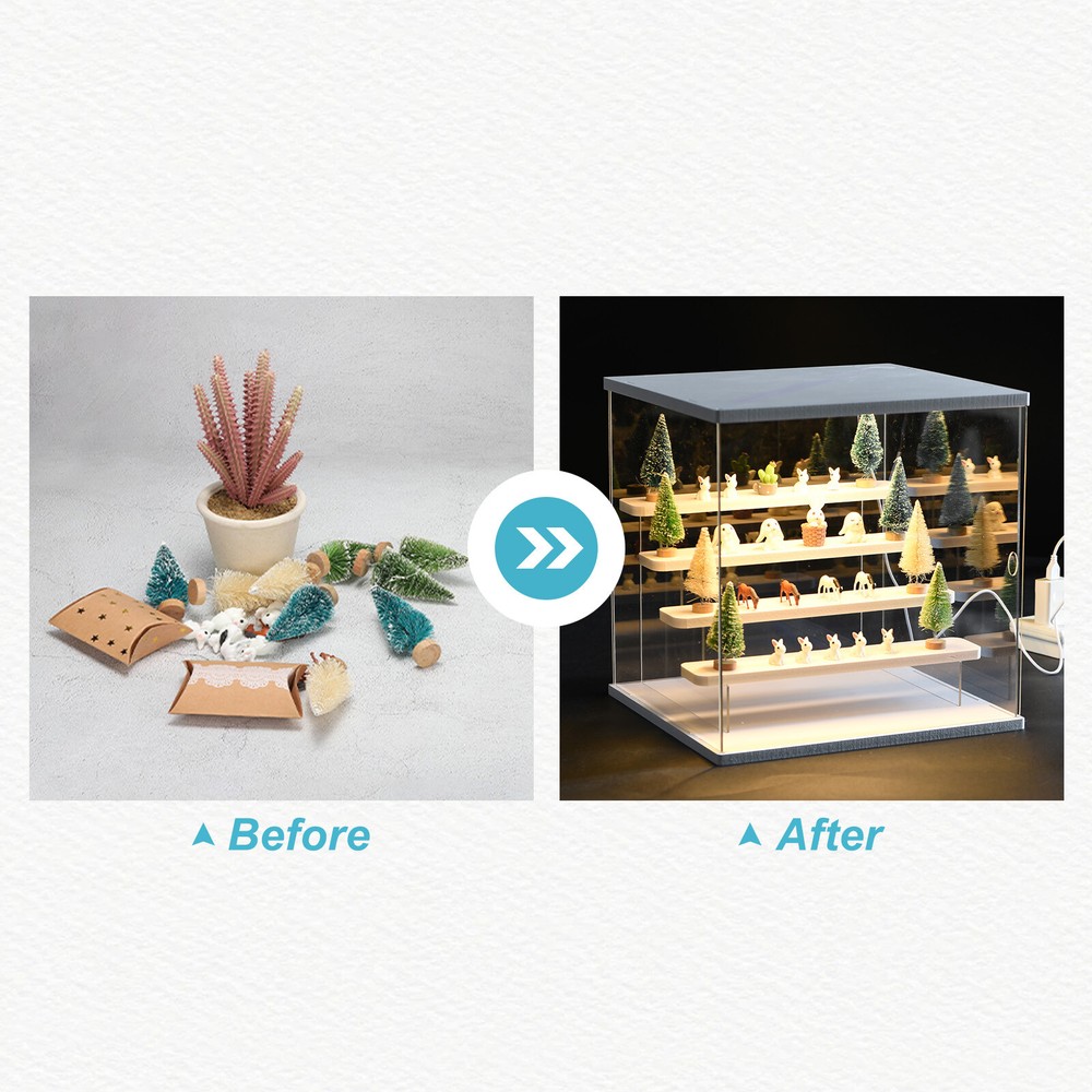 Clear Acrylic Display Case with LED Light 4 Tier Dustproof Showcase Boxes Stand