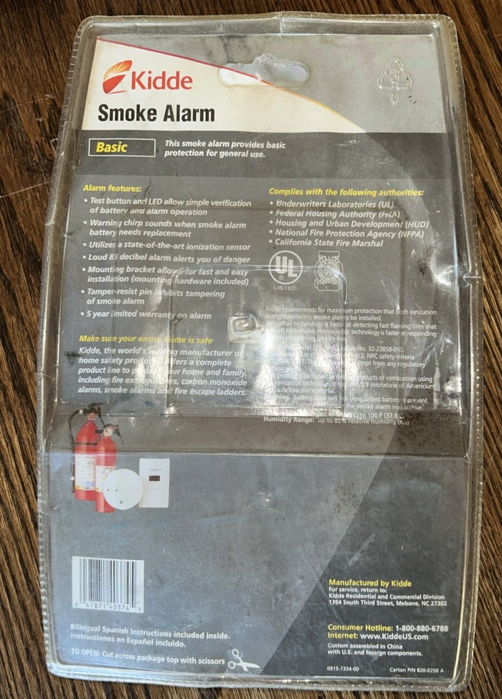 Kidde Basic Smoke Alarm / Detector 0915K Detector White Battery Operated