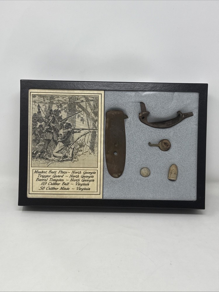 Civil War Artifacts, Butt Plate, Guard, Tompian Mounted In Display Case