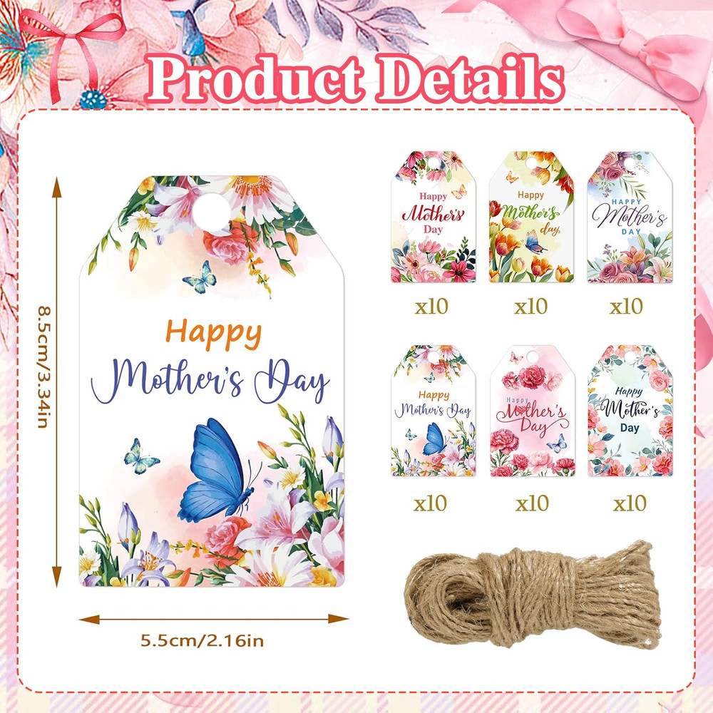 Mother's Day Gift Tags - 60 Pack Blooming Flower Labels with String