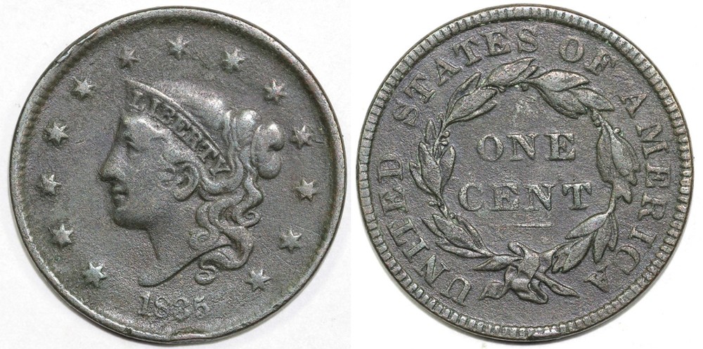1835 1c N-19 Coronet or Matron Head Large Cent