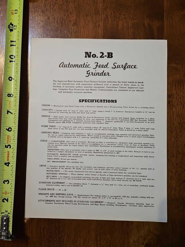 REID PRECISION GRINDERS MODEL 2-B SHEET NO RED #1