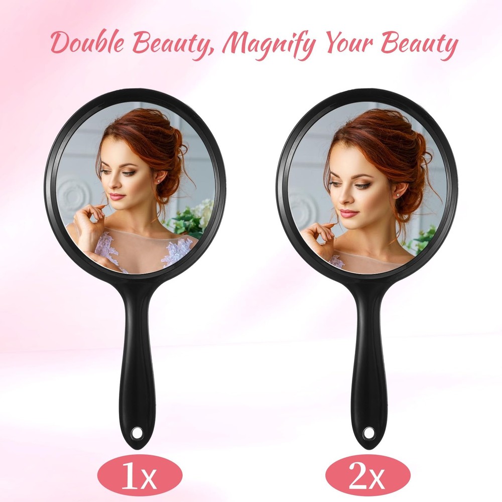 Handheld Mirror with Handle, Black Double-Sided 2X 1X Hand Held Mirror, Handh...