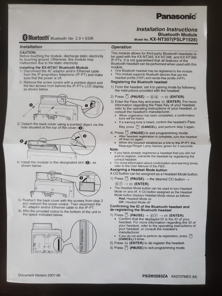 Panasonic KX-NT307 Bluetooth Module New in Box