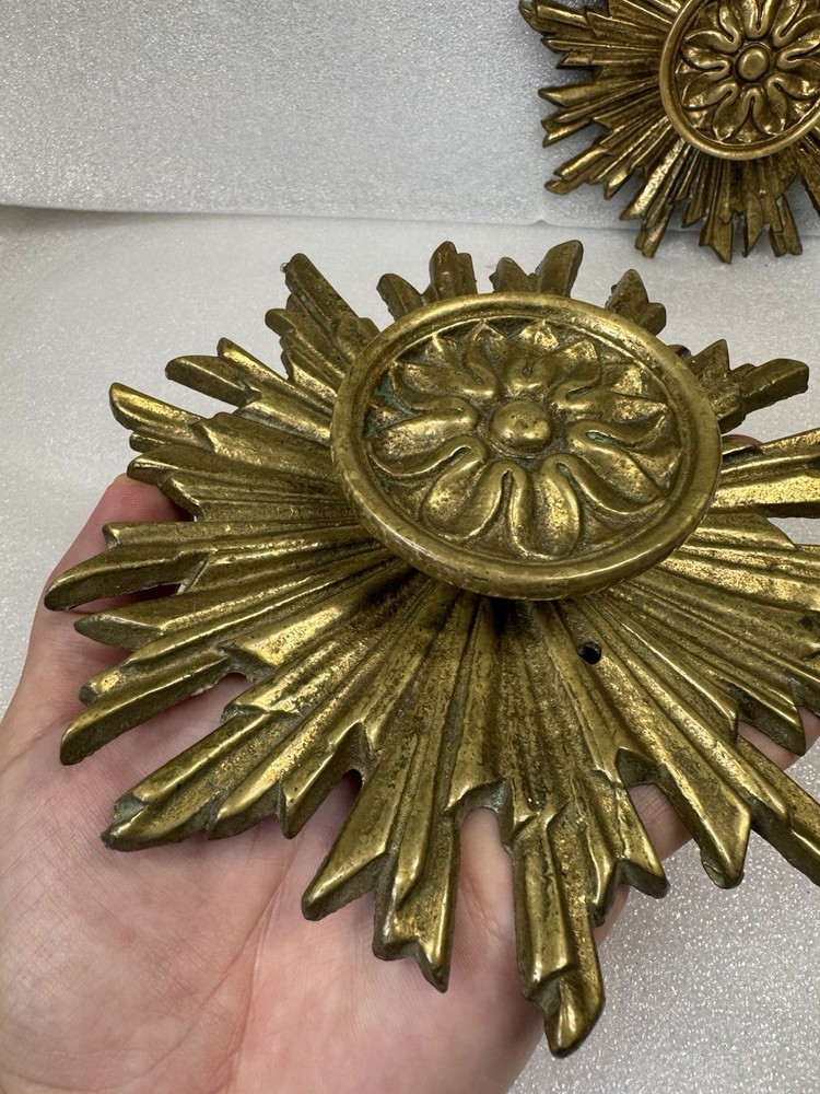Rare 2 Vintage Mid Century Hollywood Regency Brass Sunburst Cabinet Knobs Pulls
