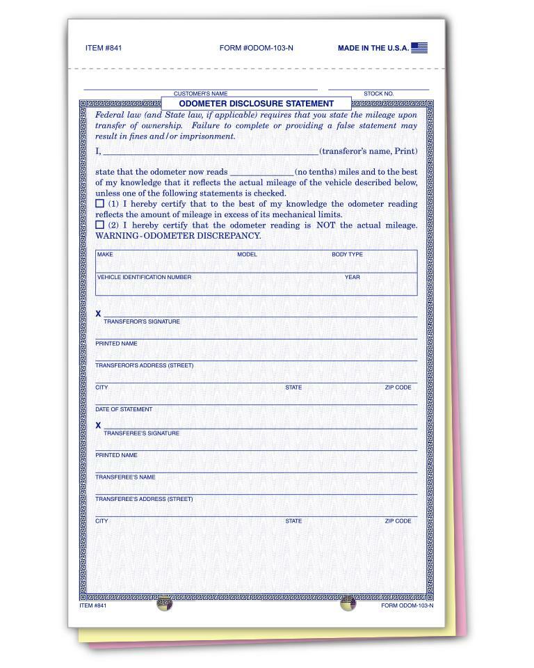 ODOMETER DISCLOSURE STATEMENT / 3 PART - QTY. 100 / Item #: ODOM-103