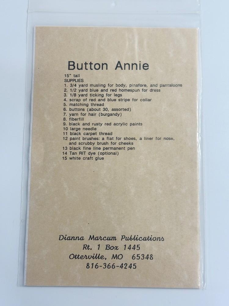 Vintage Pattern “Button Annie” Makes A 15” Cloth Doll