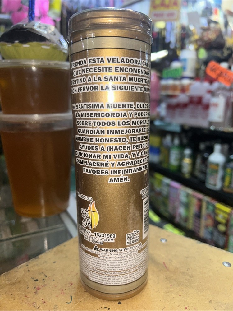 Santa Muerte Oro Candle Prepared 8in