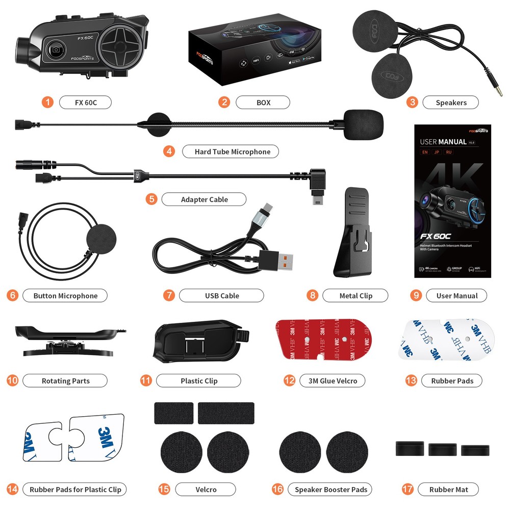FX 60C Motorcycle helmet Bluetooth Camera Intercom 10Way Music Share 4K Dash Cam