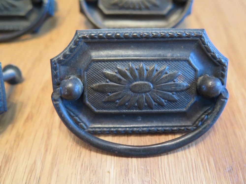 Antique Brass Tone Drawer Pulls Drop Pulls - Set of 9
