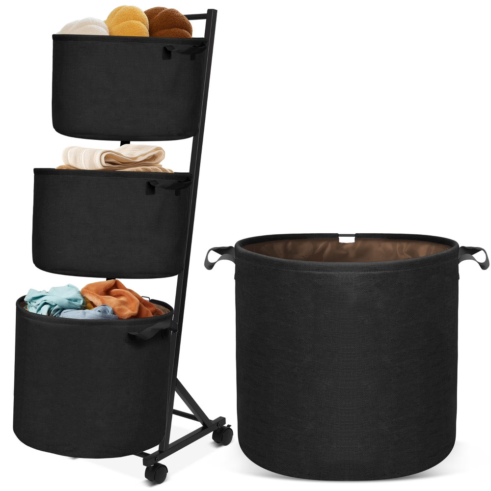 Rolling 3-Tier Laundry Basket Organizer - Heavy Duty Mobile Hamper with Wheels