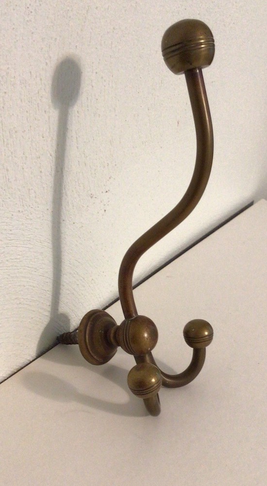 Vintage Solid Brass Large Coat Hook, 3 Hooks, Nice Patina