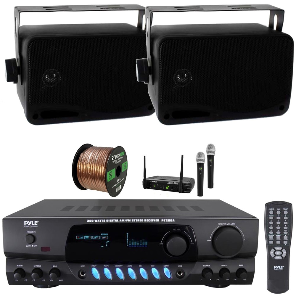 Pyle Home Display Digital Receiver, 2x 3.5'' 200W Black Speakers, Mic System