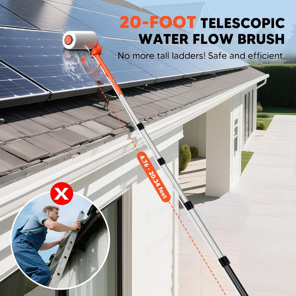 Electric Solar Panel Cleaning Brush: 20FT Adjustable Water Fed Pole Solar Panel