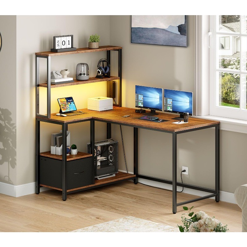 Shaped Gaming Desk, 46 Inch Reversible Computer Desk with LED Light & Power