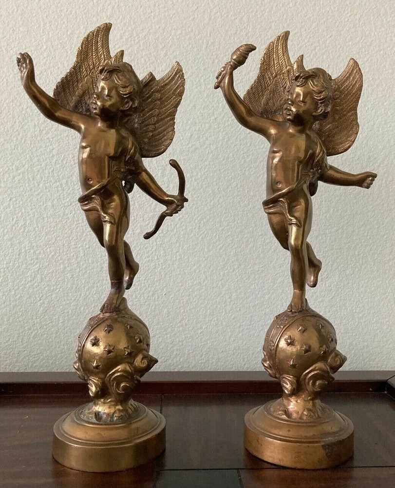 Solid Brass Cherub with Torch and Cupid Bow - Set. 17.5"