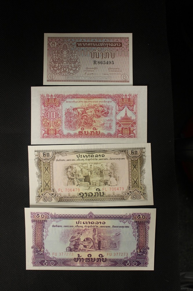 1970’s Laos 1, 10, 20, 50 Kip 4 Uncirculated Notes