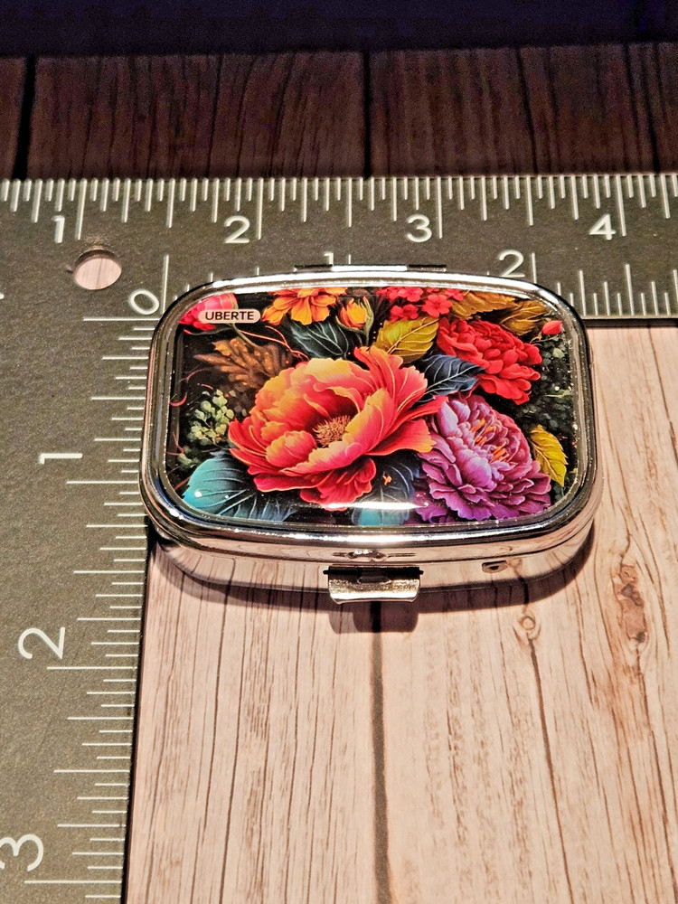 Floral Pill Box 2 Compartment Silver Tone Rectangular New