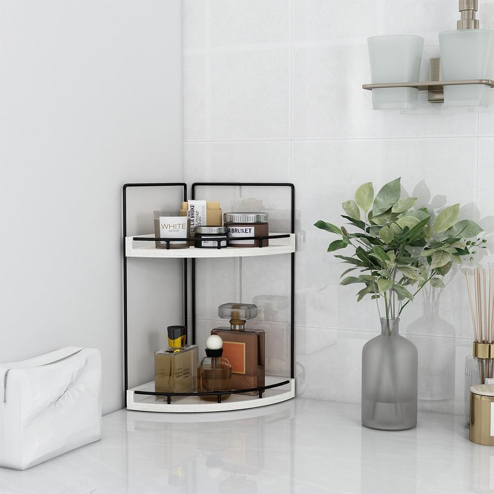 2-Tier Rustic White Corner Bathroom Shelf