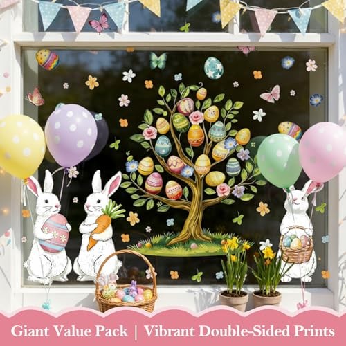 136 Pcs Easter Window Clings for Glass Windows - Double-Sided Easter 8 Sheets