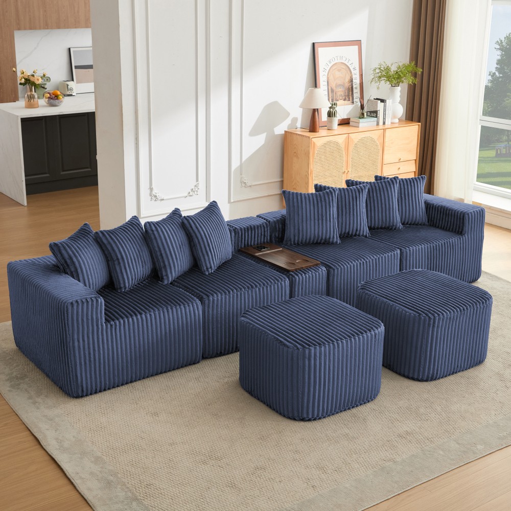 Blue Corduroy Modular Sectional Sofa with USB and Wireless Charging