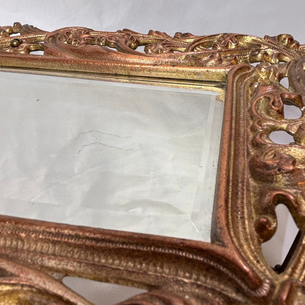 Antique Brass Frame Rococo Style Mirror Table Top Bevel Edge Easel Back