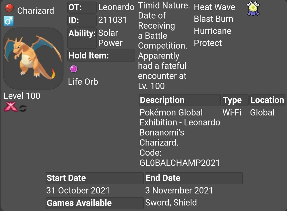 Event Charizard Champion For Pokemon Sword & Shield